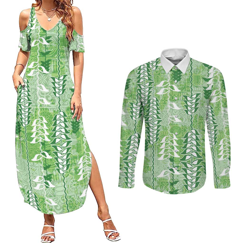 Green Hawaii Tapa Pattern Couples Matching Summer Maxi Dress and Long Sleeve Button Shirt With Heliconia Vintage Style LT05 Green - Polynesian Pride