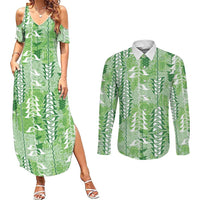 Green Hawaii Tapa Pattern Couples Matching Summer Maxi Dress and Long Sleeve Button Shirt With Heliconia Vintage Style LT05 Green - Polynesian Pride