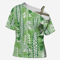 Green Hawaii Tapa Pattern Cross Shoulder Shirt With Heliconia Vintage Style LT05 Female Green - Polynesian Pride