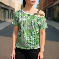 Green Hawaii Tapa Pattern Cross Shoulder Shirt With Heliconia Vintage Style LT05 - Polynesian Pride