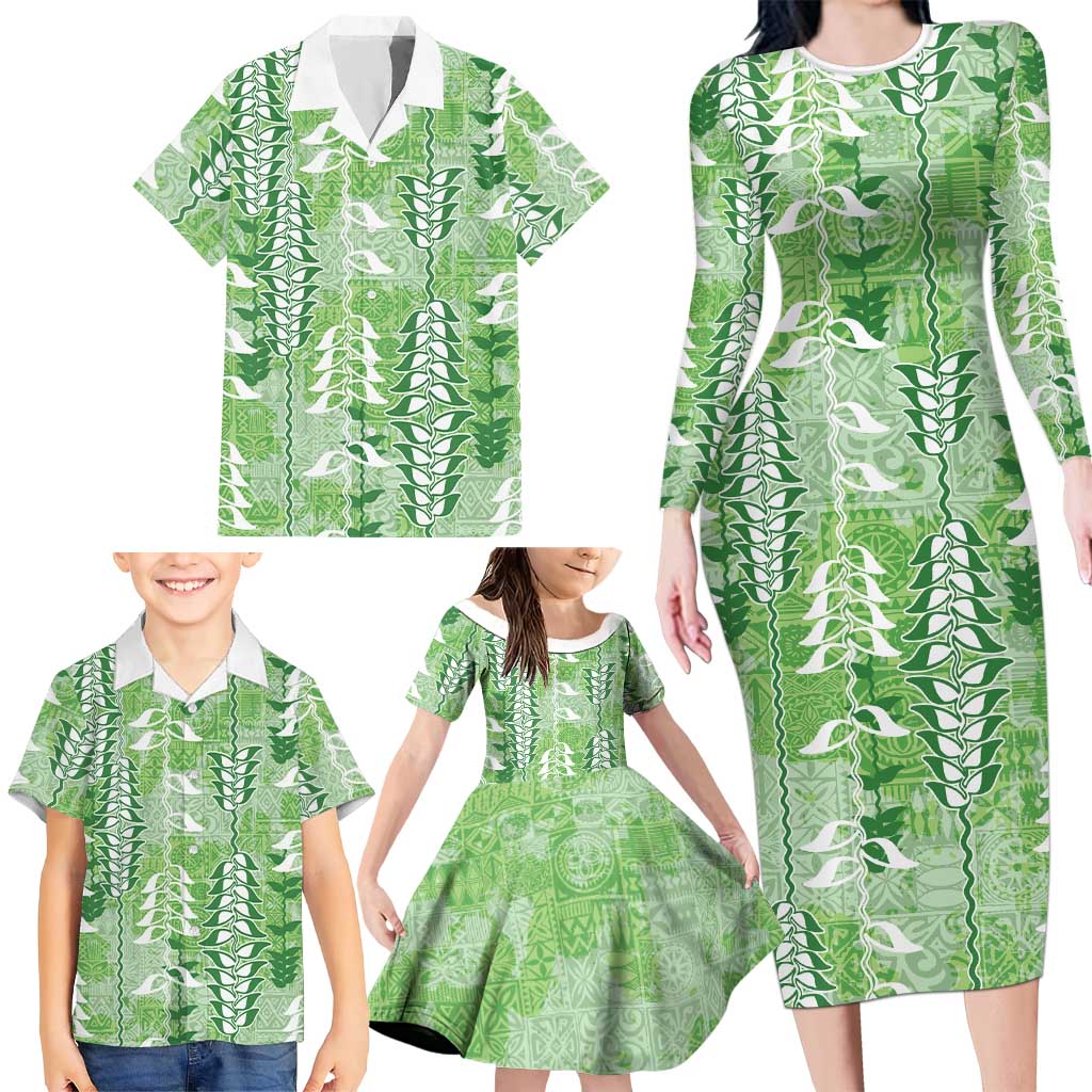 Green Hawaii Tapa Pattern Family Matching Long Sleeve Bodycon Dress and Hawaiian Shirt With Heliconia Vintage Style LT05 - Polynesian Pride