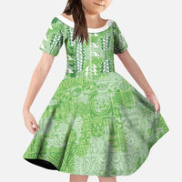 Green Hawaii Tapa Pattern Family Matching Off The Shoulder Long Sleeve Dress and Hawaiian Shirt With Heliconia Vintage Style LT05 Daughter's Dress Green - Polynesian Pride