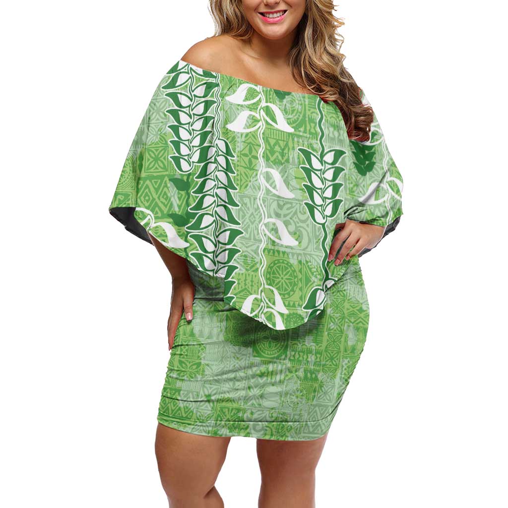 Green Hawaii Tapa Pattern Family Matching Off Shoulder Short Dress and Hawaiian Shirt With Heliconia Vintage Style LT05 Mom's Dress Green - Polynesian Pride