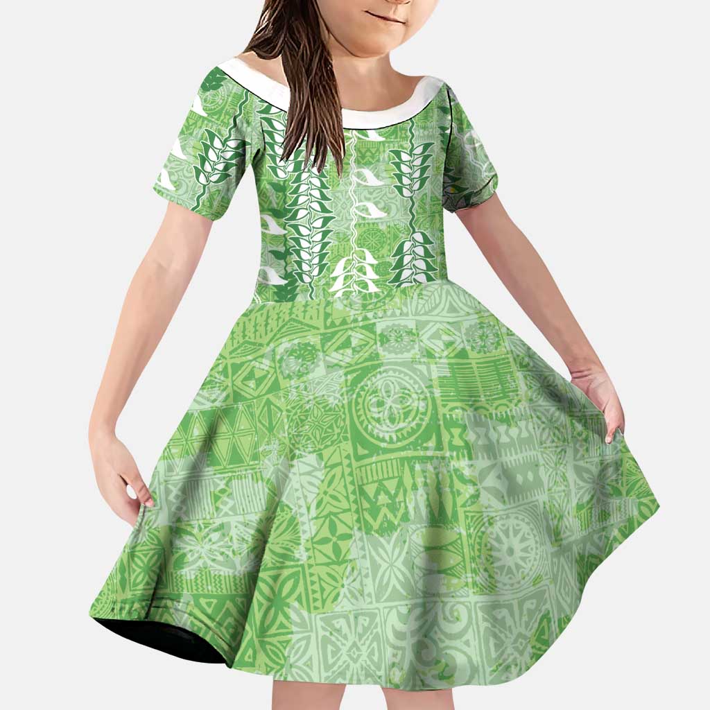 Green Hawaii Tapa Pattern Family Matching Puletasi and Hawaiian Shirt With Heliconia Vintage Style LT05 Daughter's Dress Green - Polynesian Pride
