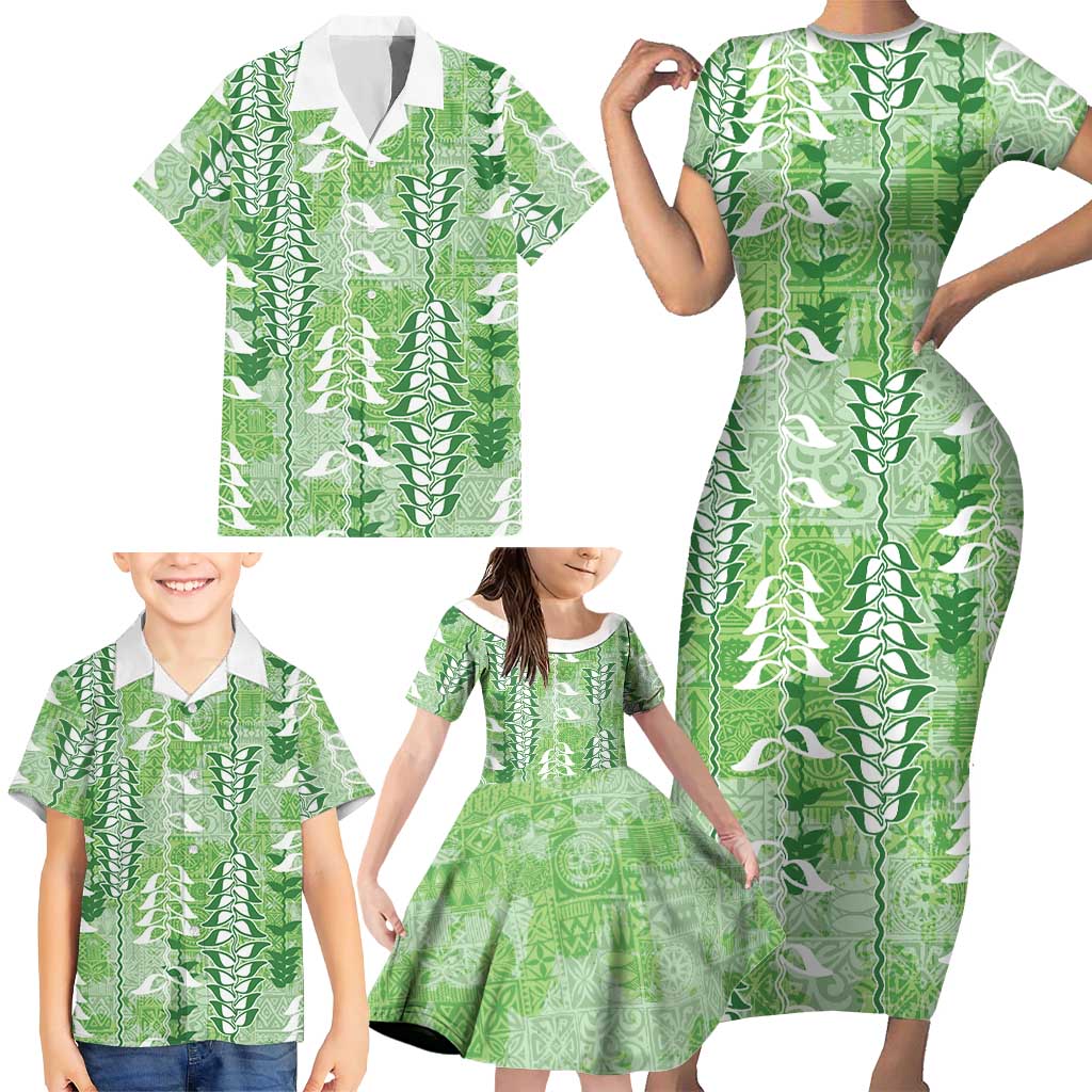 Green Hawaii Tapa Pattern Family Matching Short Sleeve Bodycon Dress and Hawaiian Shirt With Heliconia Vintage Style LT05 - Polynesian Pride