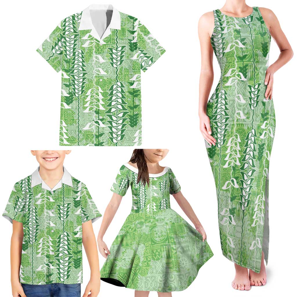Green Hawaii Tapa Pattern Family Matching Tank Maxi Dress and Hawaiian Shirt With Heliconia Vintage Style LT05 - Polynesian Pride