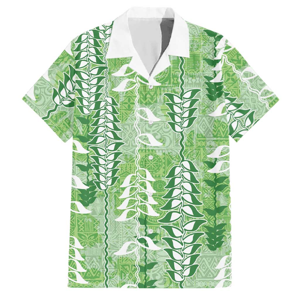 Green Hawaii Tapa Pattern Family Matching Tank Maxi Dress and Hawaiian Shirt With Heliconia Vintage Style LT05 Dad's Shirt - Short Sleeve Green - Polynesian Pride