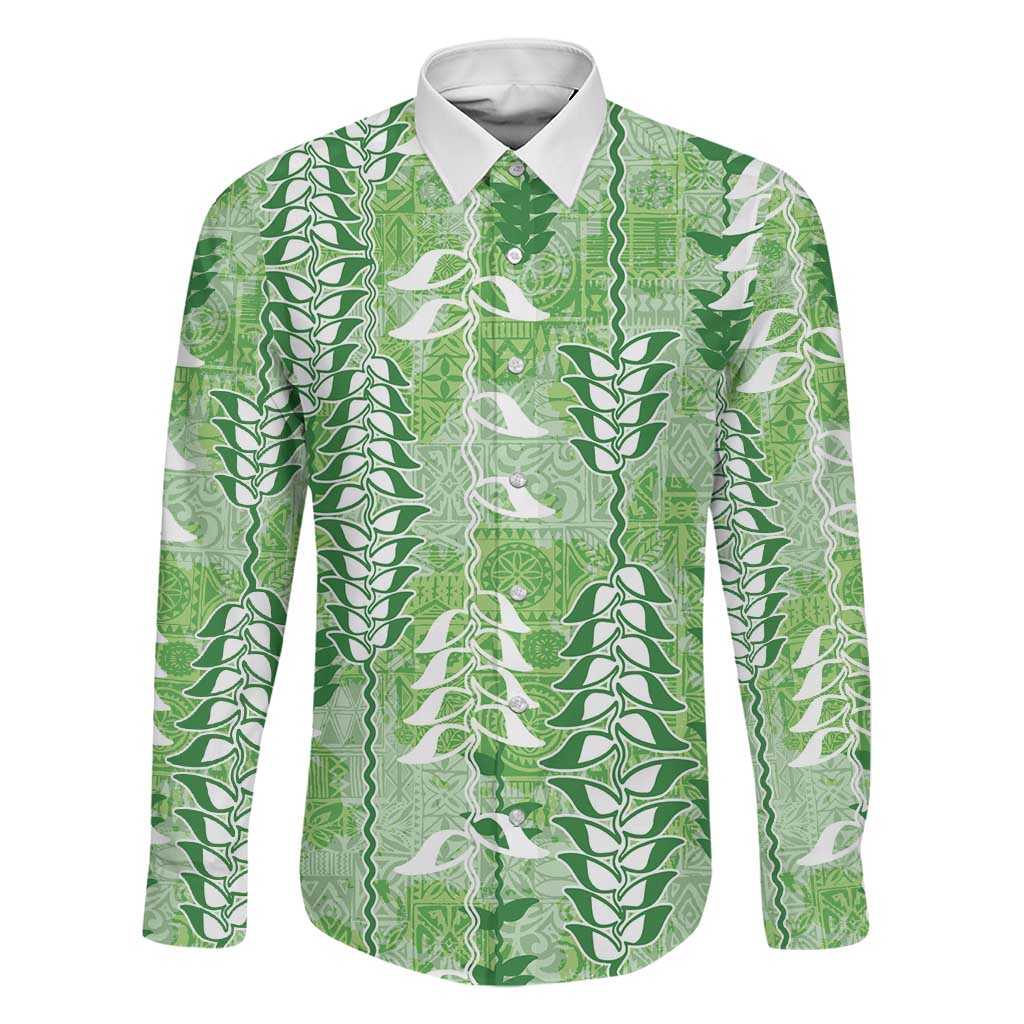 Green Hawaii Tapa Pattern Family Matching Tank Maxi Dress and Hawaiian Shirt With Heliconia Vintage Style LT05 Dad's Shirt - Long Sleeve Green - Polynesian Pride