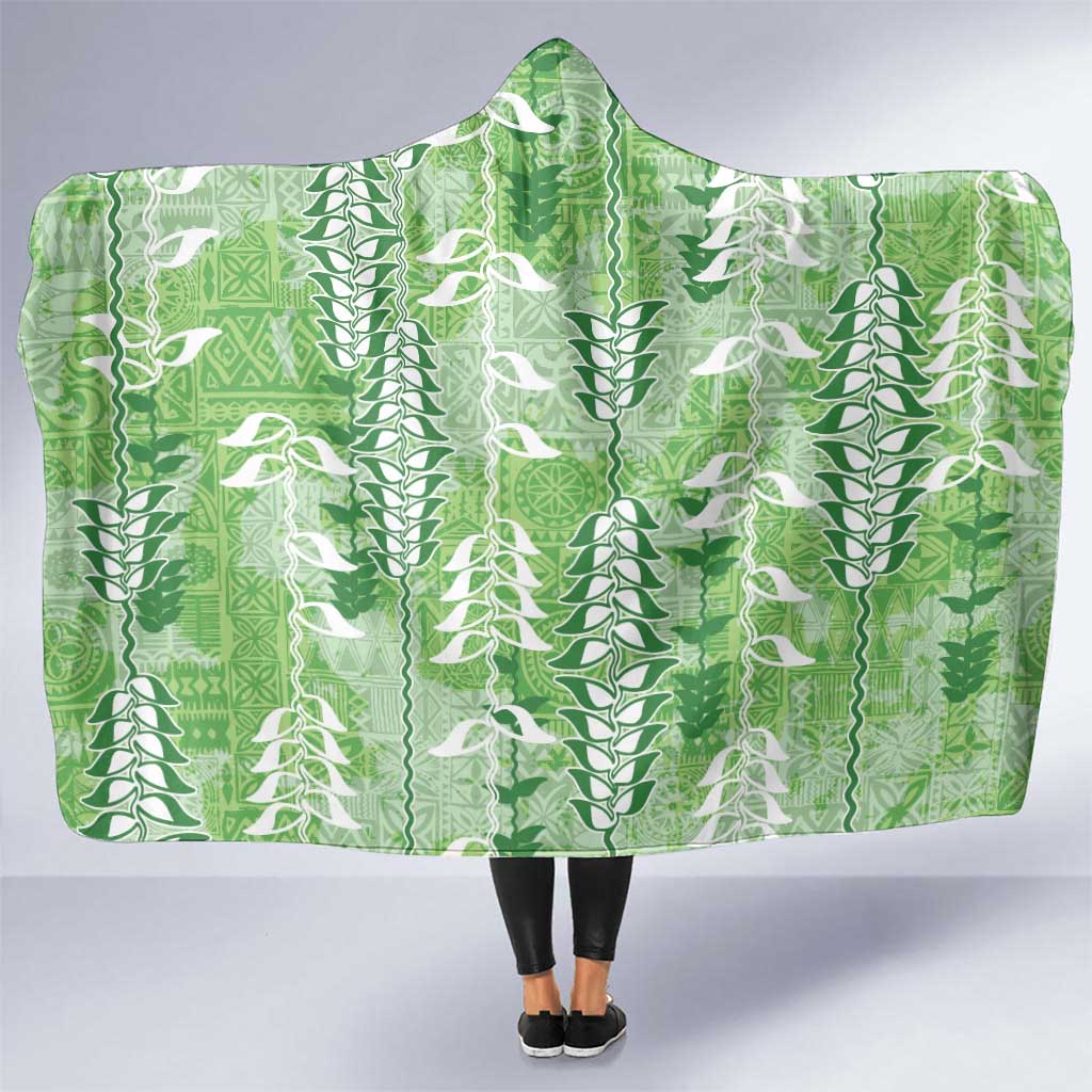 Green Hawaii Tapa Pattern Hooded Blanket With Heliconia Vintage Style