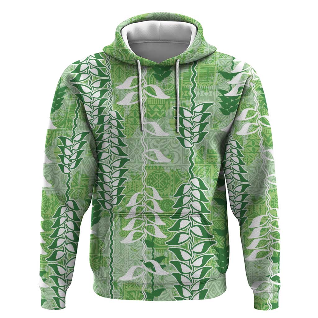 Green Hawaii Tapa Pattern Hoodie With Heliconia Vintage Style