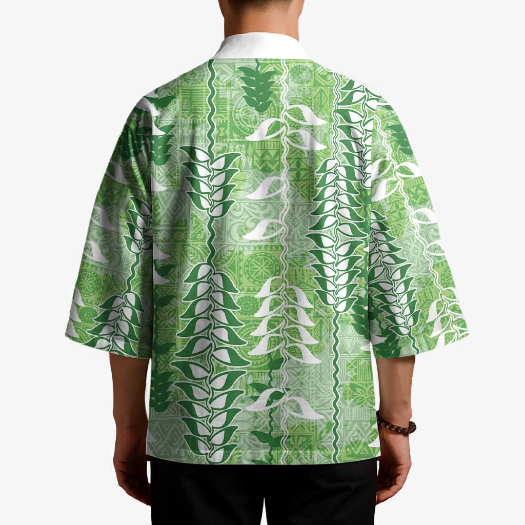 Green Hawaii Tapa Pattern Kimono With Heliconia Vintage Style LT05 - Polynesian Pride