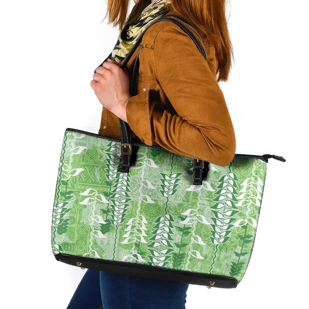 Green Hawaii Tapa Pattern Leather Tote Bag With Heliconia Vintage Style