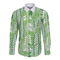 Green Hawaii Tapa Pattern Long Sleeve Button Shirt With Heliconia Vintage Style LT05 Unisex Green - Polynesian Pride