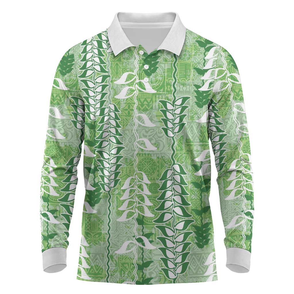 Green Hawaii Tapa Pattern Long Sleeve Polo Shirt With Heliconia Vintage Style LT05 Green - Polynesian Pride