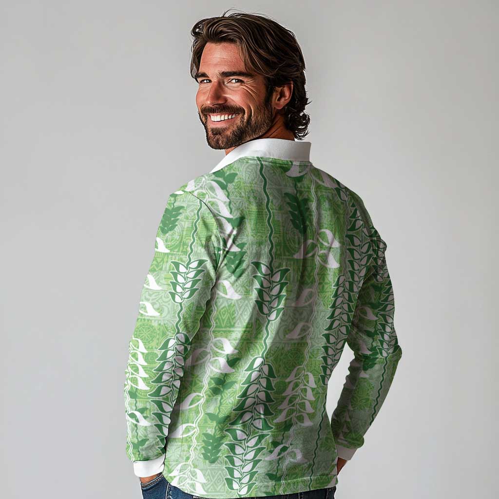 Green Hawaii Tapa Pattern Long Sleeve Polo Shirt With Heliconia Vintage Style LT05 - Polynesian Pride