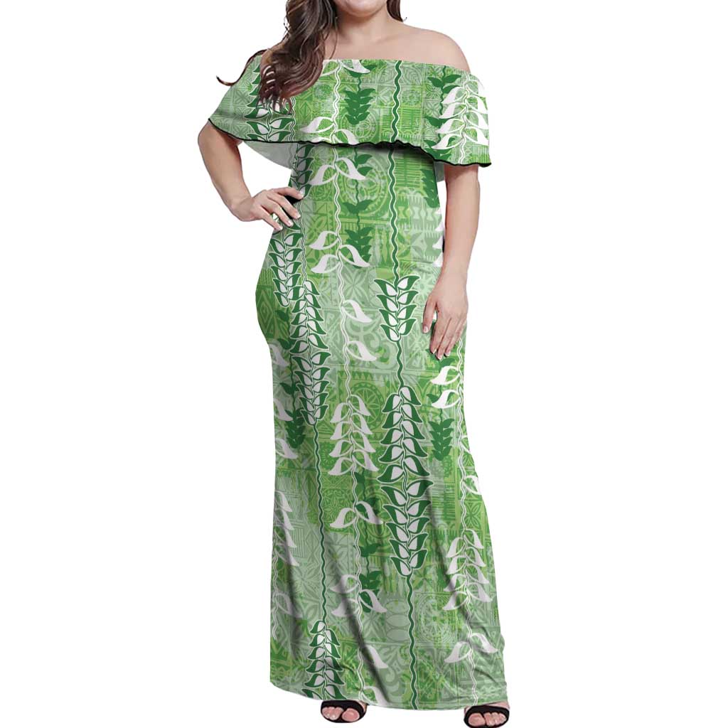 Green Hawaii Tapa Pattern Off Shoulder Maxi Dress With Heliconia Vintage Style LT05 Women Green - Polynesian Pride