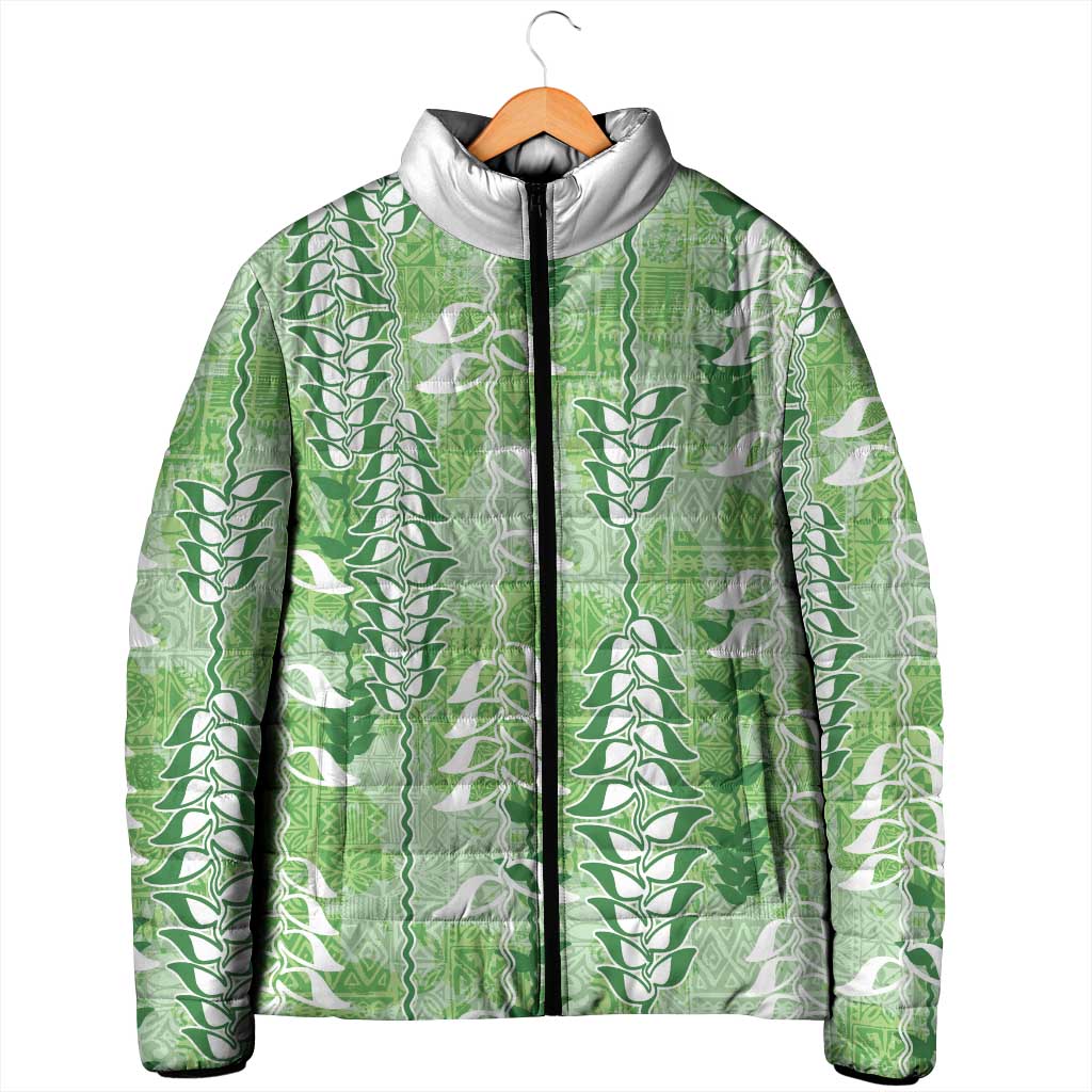 Green Hawaii Tapa Pattern Padded Jacket With Heliconia Vintage Style LT05 - Polynesian Pride