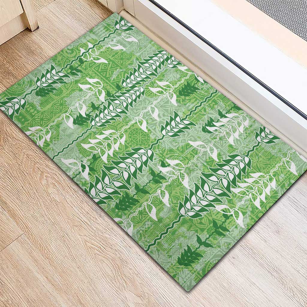 Green Hawaii Tapa Pattern Rubber Doormat With Heliconia Vintage Style LT05 - Polynesian Pride
