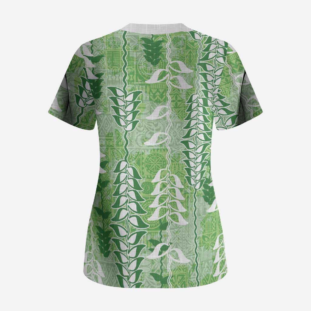 Green Hawaii Tapa Pattern Scrub Top With Heliconia Vintage Style LT05 - Polynesian Pride