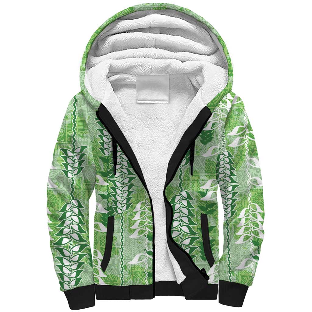 Green Hawaii Tapa Pattern Sherpa Hoodie With Heliconia Vintage Style