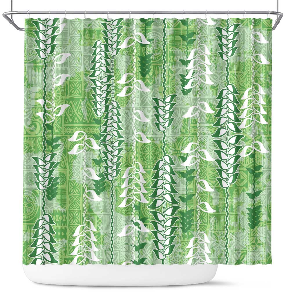Green Hawaii Tapa Pattern Shower Curtain With Heliconia Vintage Style