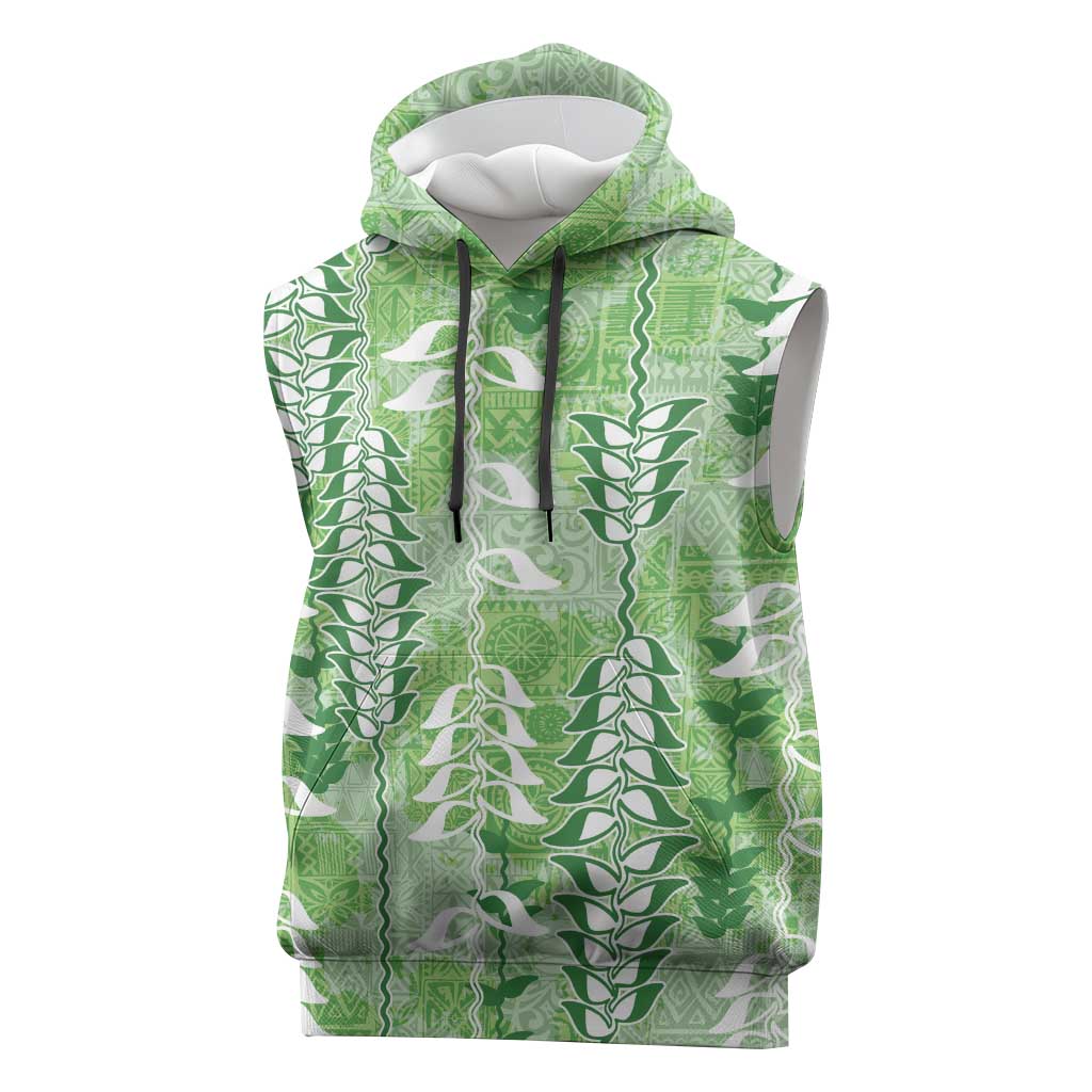 Green Hawaii Tapa Pattern Sleeveless Hoodie With Heliconia Vintage Style LT05 Green - Polynesian Pride