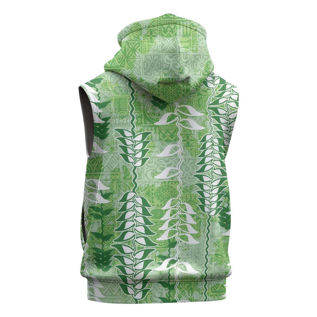 Green Hawaii Tapa Pattern Sleeveless Hoodie With Heliconia Vintage Style LT05 - Polynesian Pride