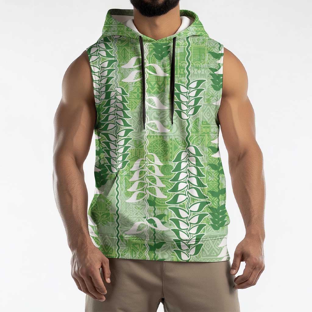 Green Hawaii Tapa Pattern Sleeveless Hoodie With Heliconia Vintage Style LT05 - Polynesian Pride