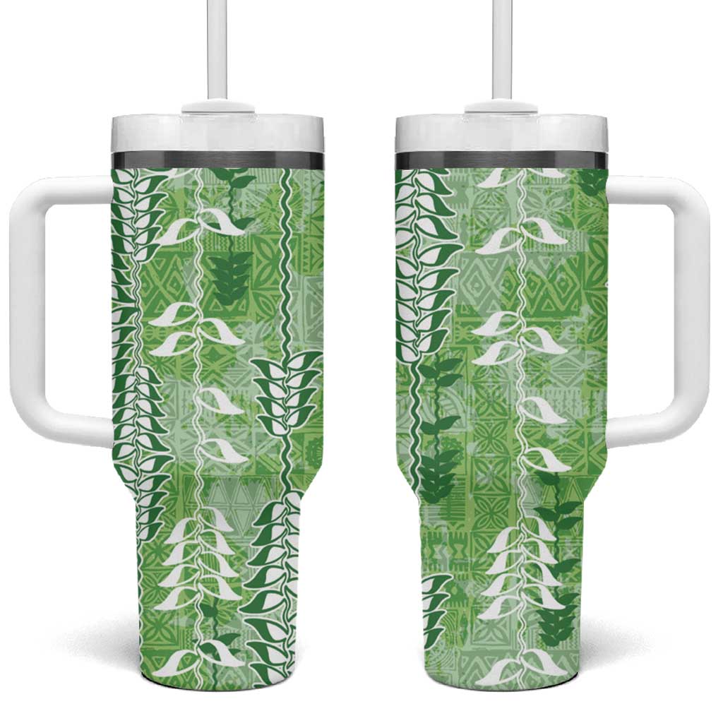 Green Hawaii Tapa Pattern Tumbler With Handle With Heliconia Vintage Style LT05 One Size: 40 oz Green - Polynesian Pride