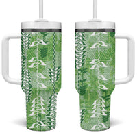 Green Hawaii Tapa Pattern Tumbler With Handle With Heliconia Vintage Style LT05 One Size: 40 oz Green - Polynesian Pride
