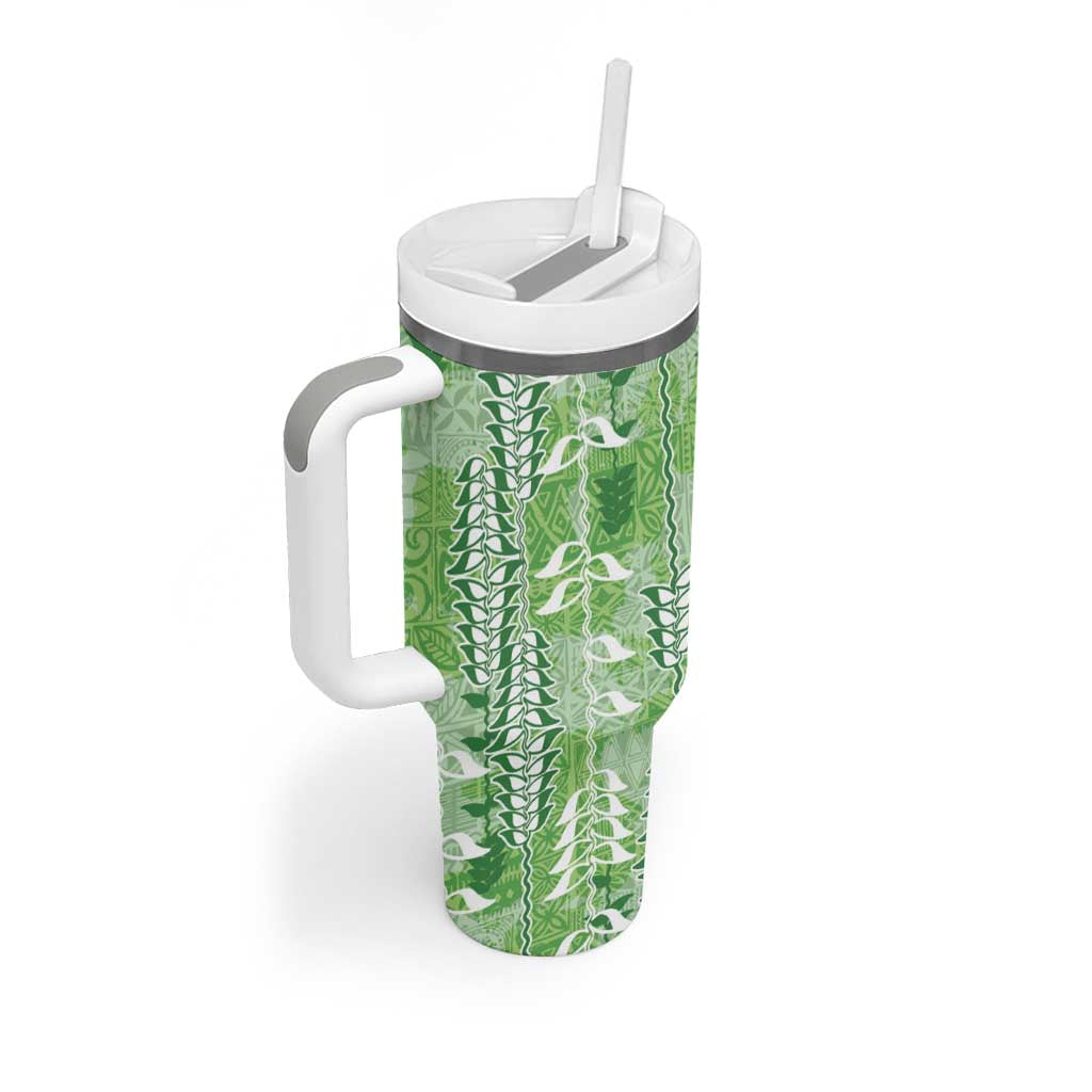 Green Hawaii Tapa Pattern Tumbler With Handle With Heliconia Vintage Style LT05 - Polynesian Pride