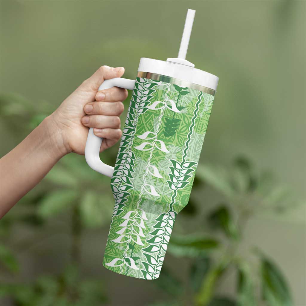 Green Hawaii Tapa Pattern Tumbler With Handle With Heliconia Vintage Style LT05 - Polynesian Pride