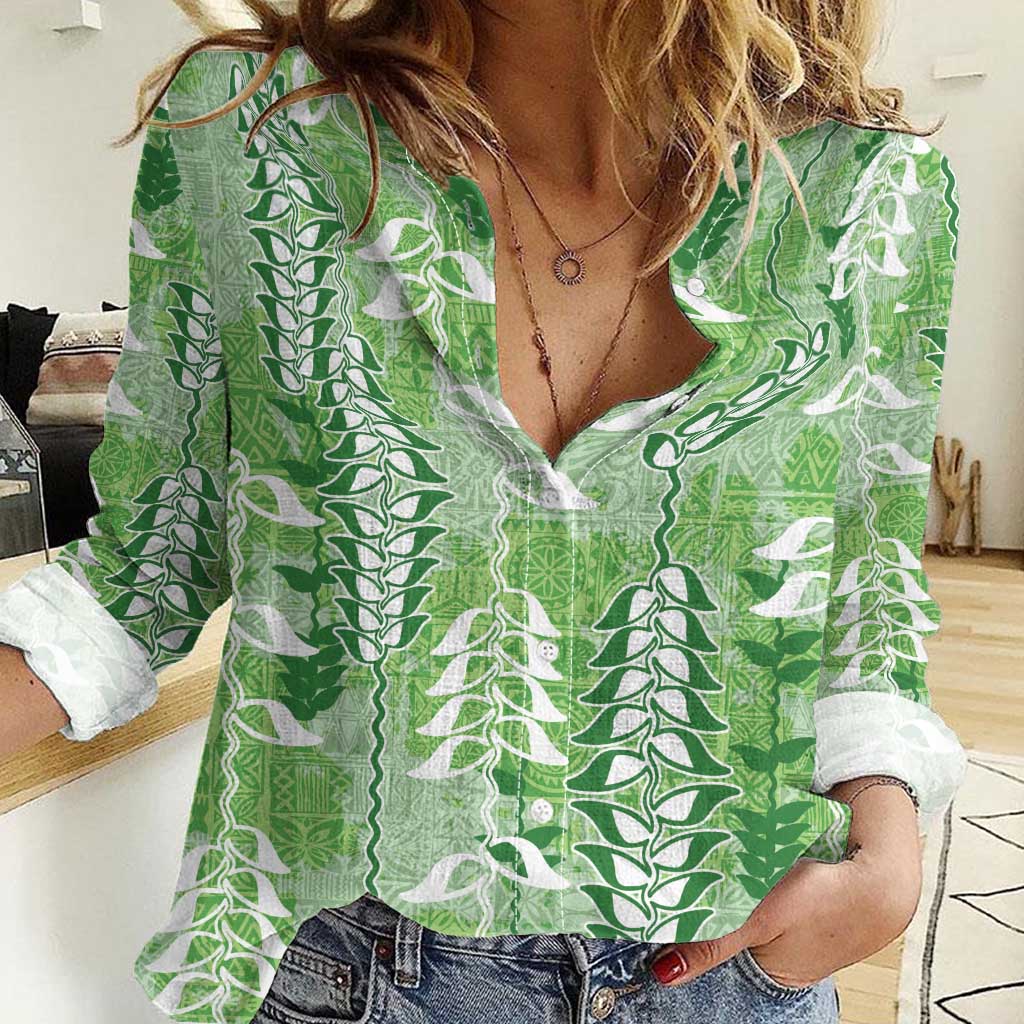 Green Hawaii Tapa Pattern Women Casual Shirt With Heliconia Vintage Style LT05 Female Green - Polynesian Pride