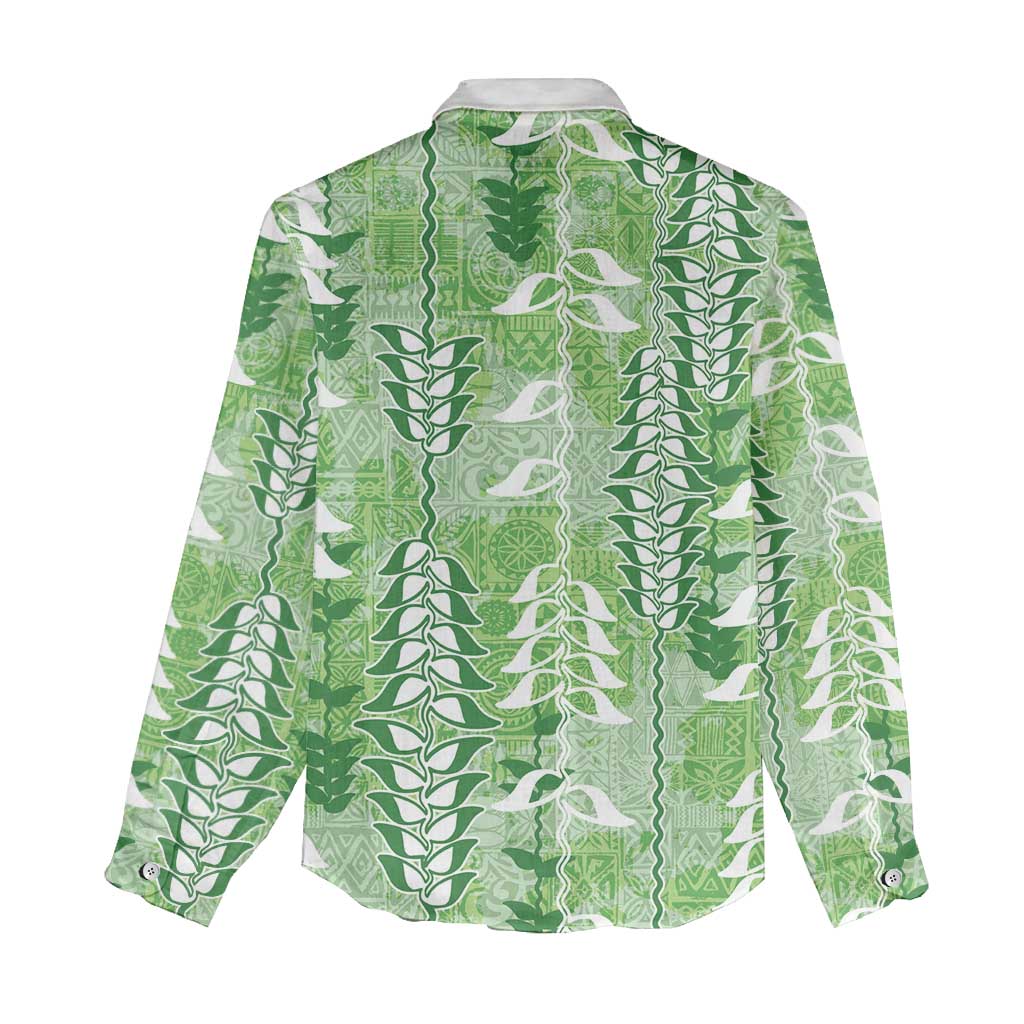 Green Hawaii Tapa Pattern Women Casual Shirt With Heliconia Vintage Style LT05 - Polynesian Pride