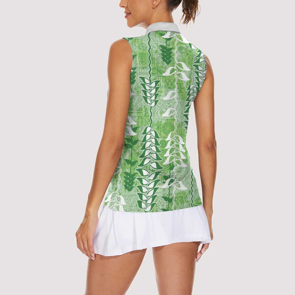 Green Hawaii Tapa Pattern Women Sleeveless Polo Shirt With Heliconia Vintage Style LT05 - Polynesian Pride