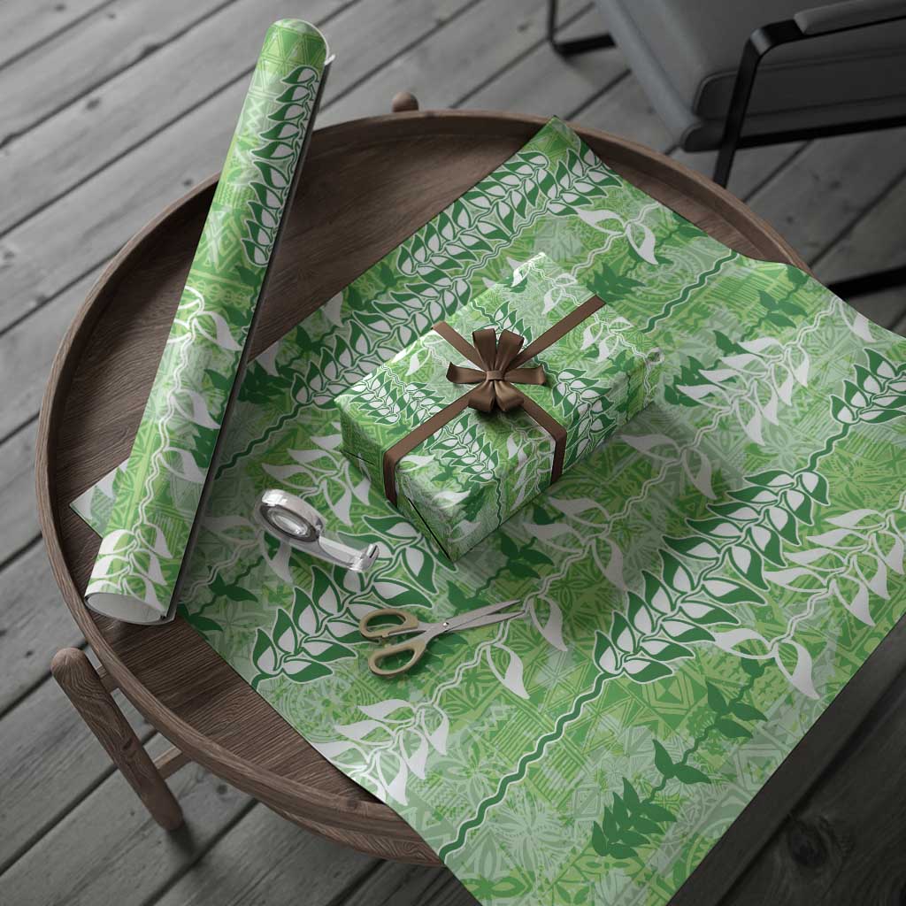 Green Hawaii Tapa Pattern Wrapping Paper With Heliconia Vintage Style LT05 - Polynesian Pride