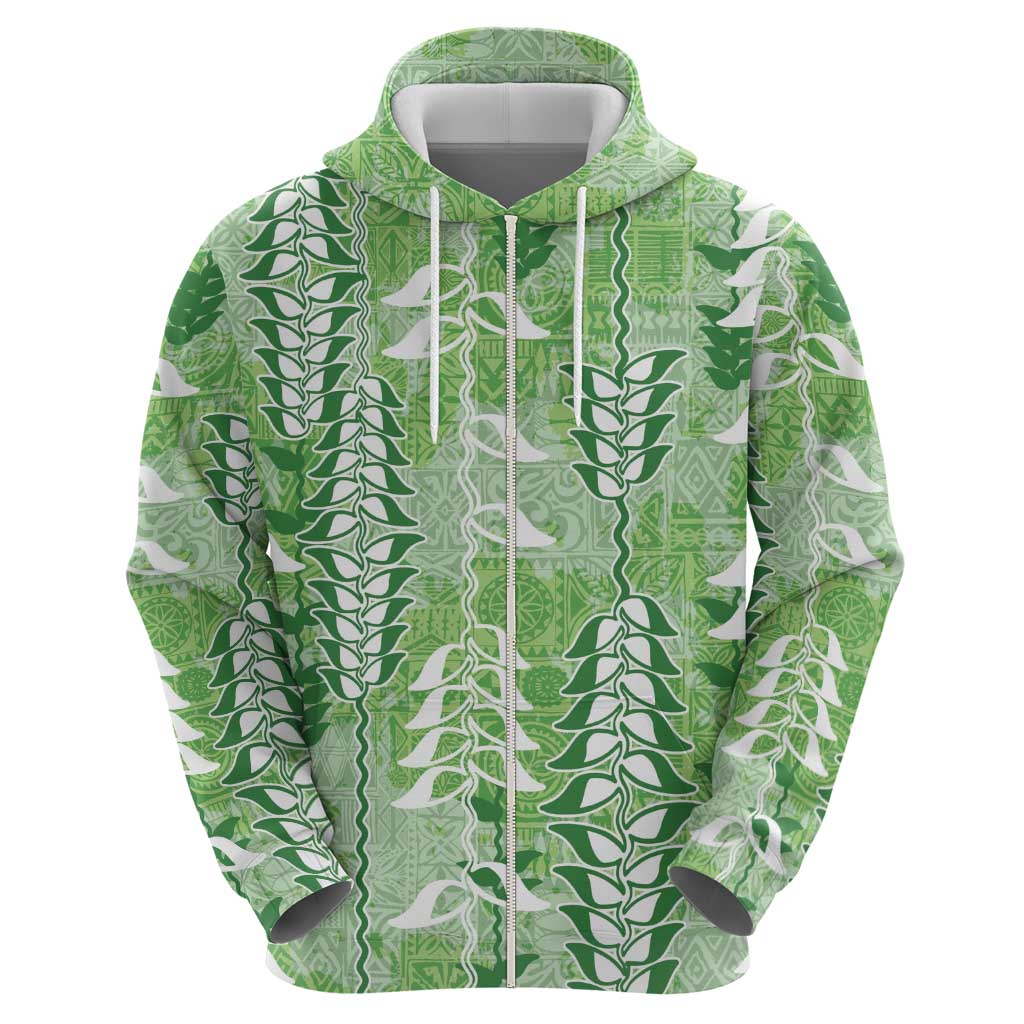 Green Hawaii Tapa Pattern Zip Hoodie With Heliconia Vintage Style LT05 - Polynesian Pride
