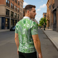 Green Hawaii Tapa Pattern Zipper Polo Shirt With Heliconia Vintage Style LT05 - Polynesian Pride