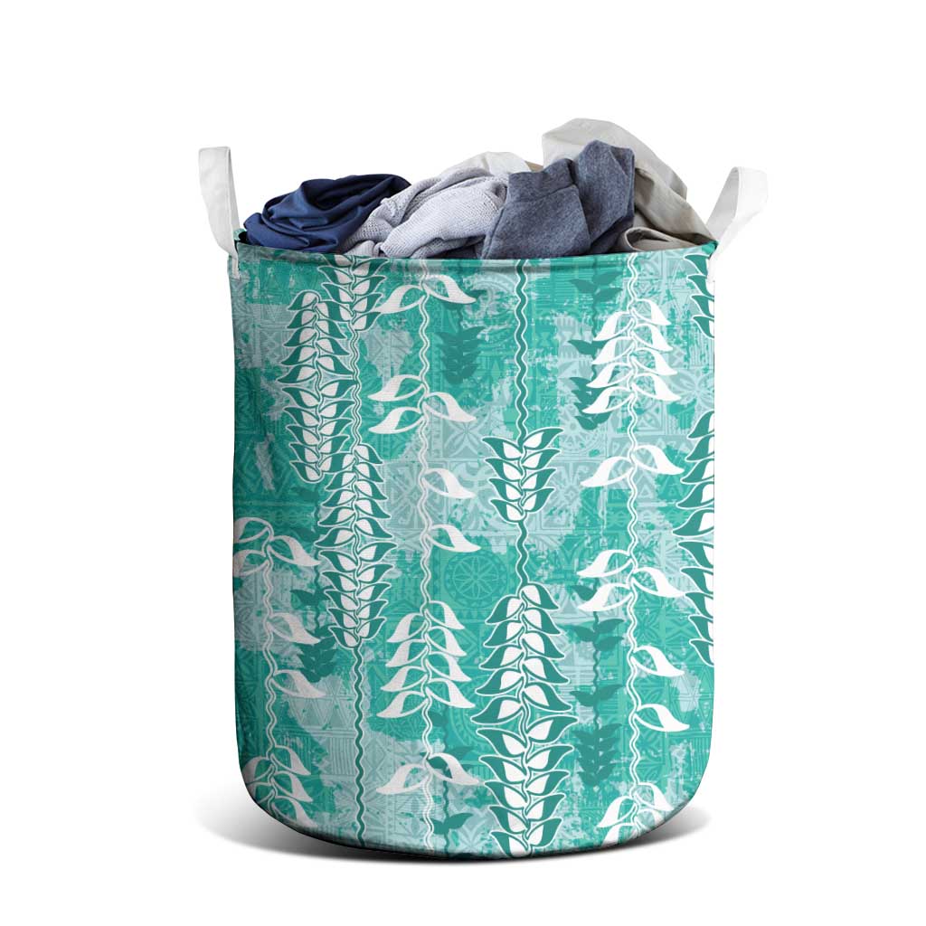 Teal Hawaii Tapa Pattern Laundry Basket With Heliconia Vintage Style LT05 - Polynesian Pride