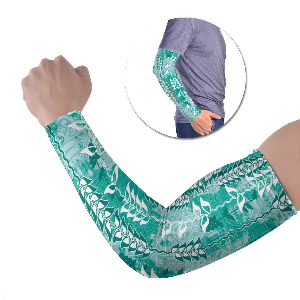 Teal Hawaii Tapa Pattern Arm Sleeves With Heliconia Vintage Style LT05 Set of 2 Teal - Polynesian Pride