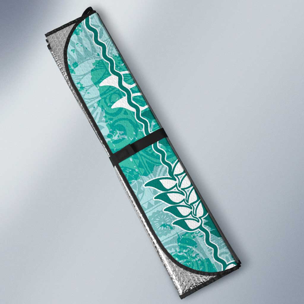 Teal Hawaii Tapa Pattern Auto Sun Shade With Heliconia Vintage Style LT05 - Polynesian Pride