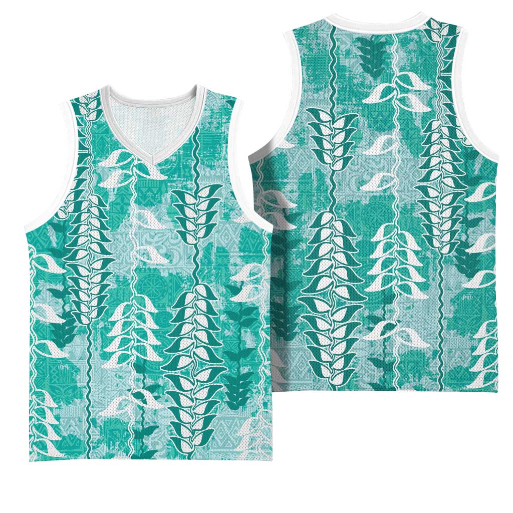 Teal Hawaii Tapa Pattern Basketball Jersey With Heliconia Vintage Style LT05 - Polynesian Pride