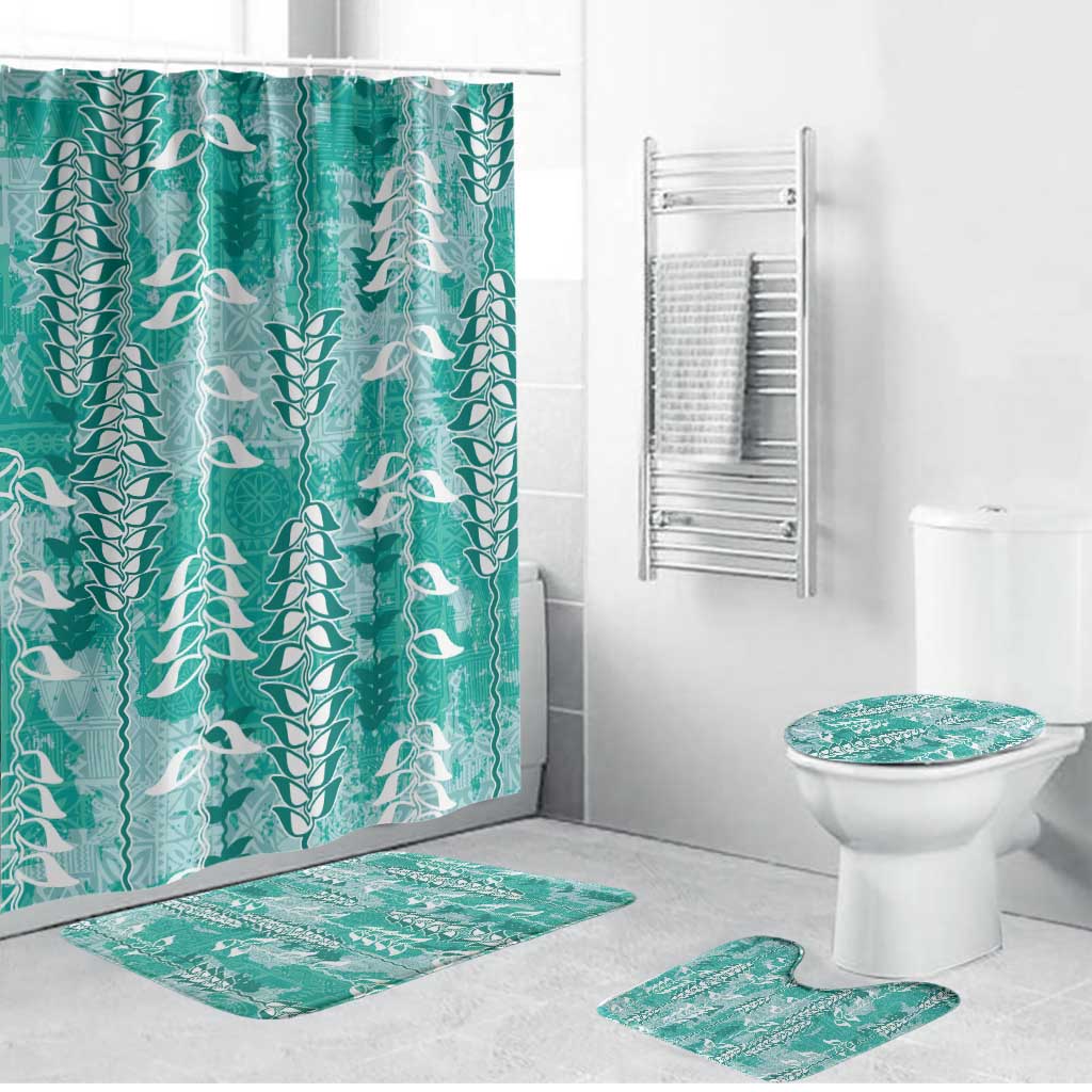 Teal Hawaii Tapa Pattern Bathroom Set With Heliconia Vintage Style