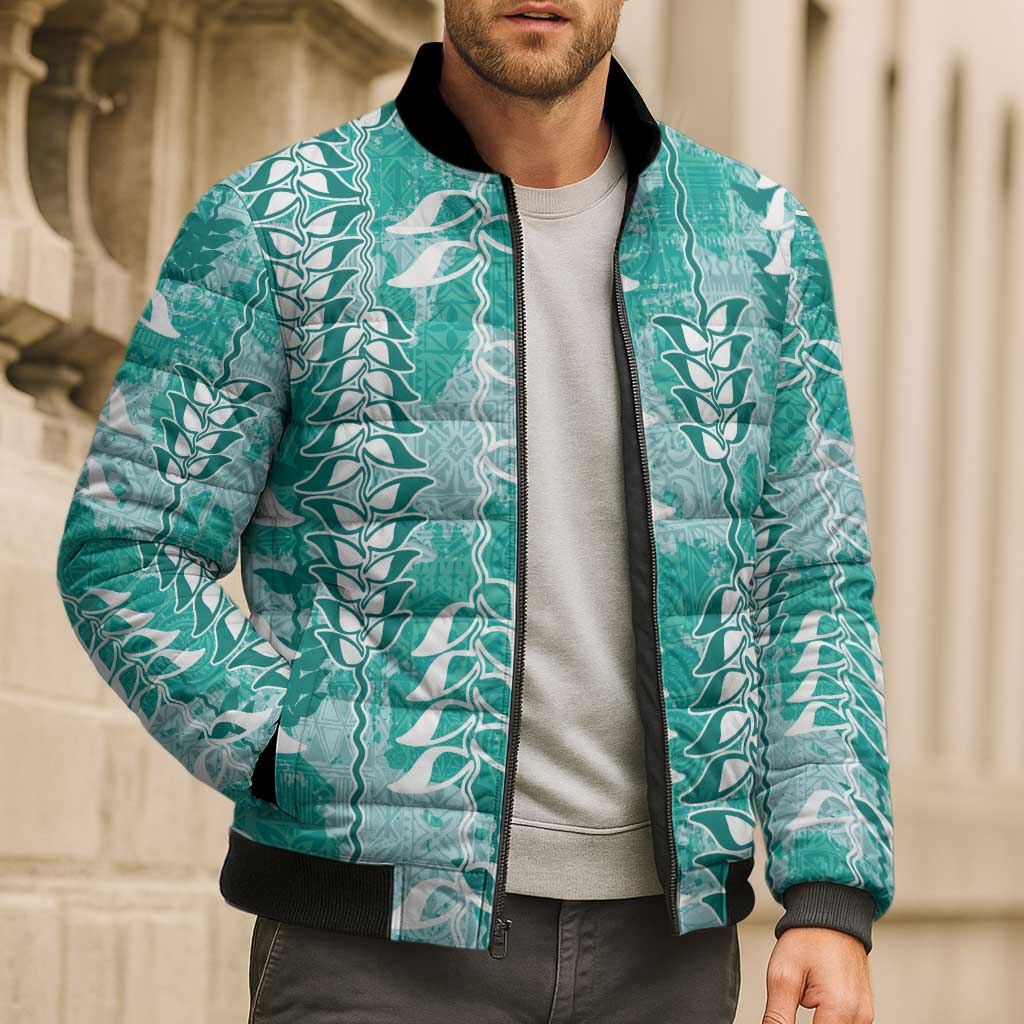 Teal Hawaii Tapa Pattern Bomber Puffer Jacket With Heliconia Vintage Style LT05 - Polynesian Pride