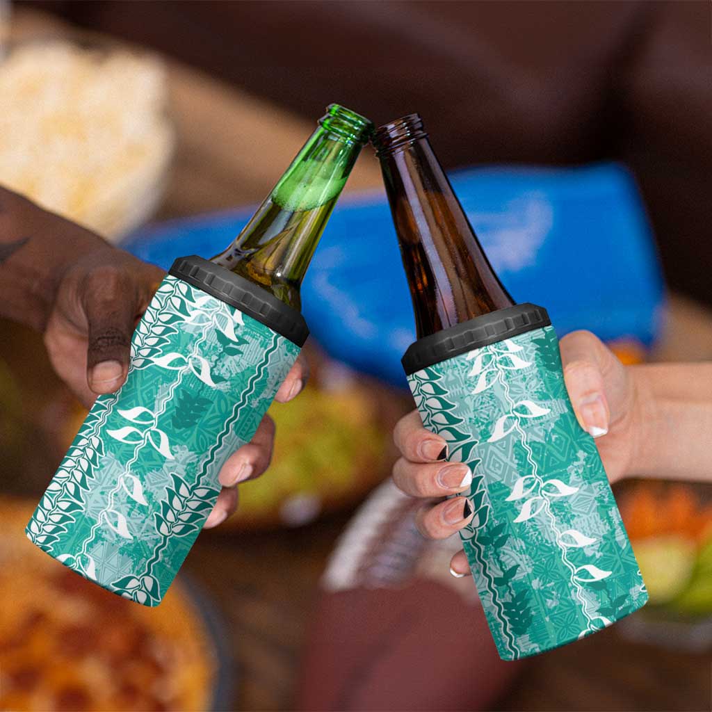 Teal Hawaii Tapa Pattern 4 in 1 Can Cooler Tumbler With Heliconia Vintage Style LT05 - Polynesian Pride