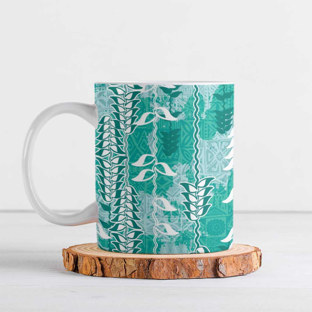 Teal Hawaii Tapa Pattern Ceramic Mug With Heliconia Vintage Style