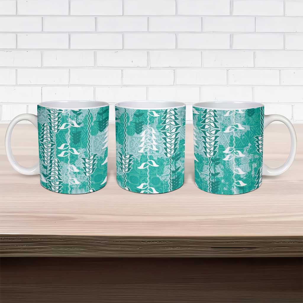 Teal Hawaii Tapa Pattern Ceramic Mug With Heliconia Vintage Style LT05 - Polynesian Pride