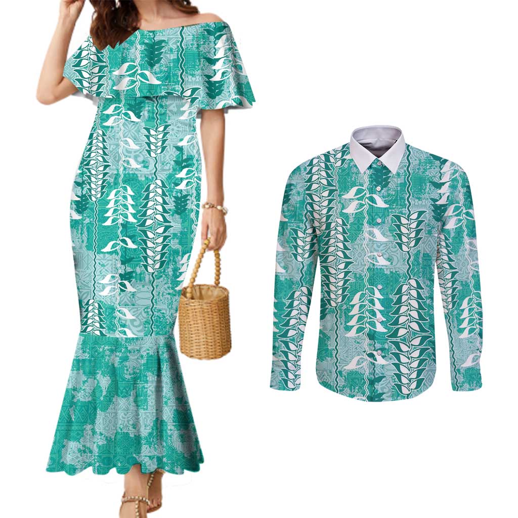 Teal Hawaii Tapa Pattern Couples Matching Mermaid Dress and Long Sleeve Button Shirt With Heliconia Vintage Style LT05 Teal - Polynesian Pride