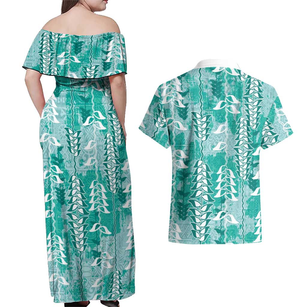 Teal Hawaii Tapa Pattern Couples Matching Off Shoulder Maxi Dress and Hawaiian Shirt With Heliconia Vintage Style LT05 - Polynesian Pride