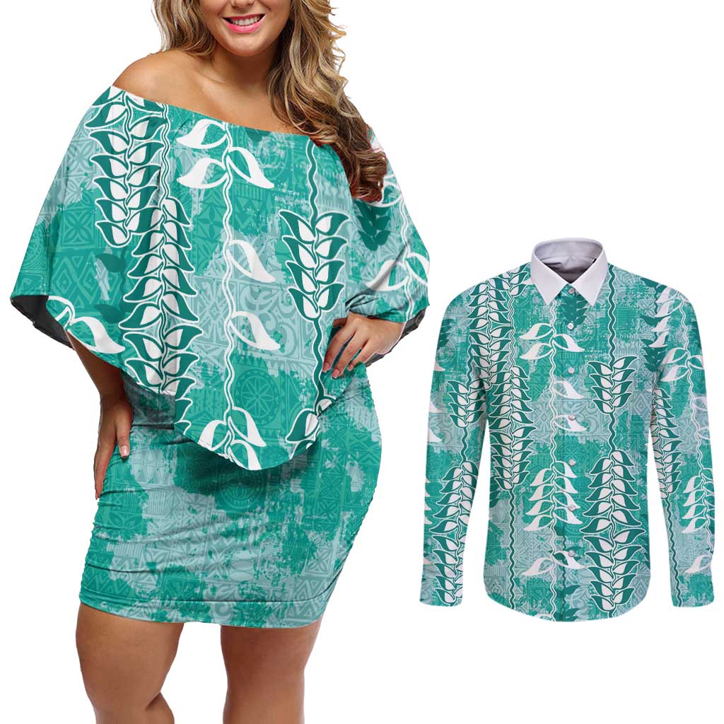 Teal Hawaii Tapa Pattern Couples Matching Off Shoulder Short Dress and Long Sleeve Button Shirt With Heliconia Vintage Style LT05 Teal - Polynesian Pride